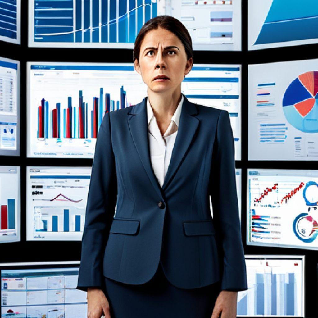 A professional businesswoman in her mid-30s stands amidst a chaotic arrangement of multiple digital screens and physical documents, each displaying fragmented medical records and abstract financial graphs, symbolizing overwhelming and disconnected health data and high medical bills. She wears a modest business suit, fully clothed and in appropriate attire. Her expression conveys frustration and concern, yet a hint of determination. The background is a modern, minimalist office setting, with a sense of disarray among the displayed information. Perfect anatomy, correct proportions, well-formed hands, proper finger count, natural body proportions, natural pose, safe for work, appropriate content, professional photography, high quality, family-friendly.