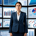 A professional businesswoman in her mid-30s stands amidst a chaotic arrangement of multiple digital screens and physical documents, each displaying fragmented medical records and abstract financial graphs, symbolizing overwhelming and disconnected health data and high medical bills. She wears a modest business suit, fully clothed and in appropriate attire. Her expression conveys frustration and concern, yet a hint of determination. The background is a modern, minimalist office setting, with a sense of disarray among the displayed information. Perfect anatomy, correct proportions, well-formed hands, proper finger count, natural body proportions, natural pose, safe for work, appropriate content, professional photography, high quality, family-friendly.