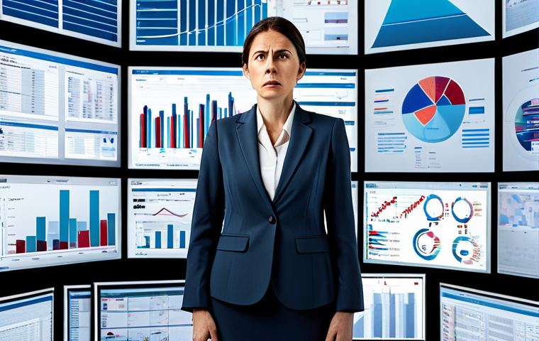 A professional businesswoman in her mid-30s stands amidst a chaotic arrangement of multiple digital screens and physical documents, each displaying fragmented medical records and abstract financial graphs, symbolizing overwhelming and disconnected health data and high medical bills. She wears a modest business suit, fully clothed and in appropriate attire. Her expression conveys frustration and concern, yet a hint of determination. The background is a modern, minimalist office setting, with a sense of disarray among the displayed information. Perfect anatomy, correct proportions, well-formed hands, proper finger count, natural body proportions, natural pose, safe for work, appropriate content, professional photography, high quality, family-friendly.