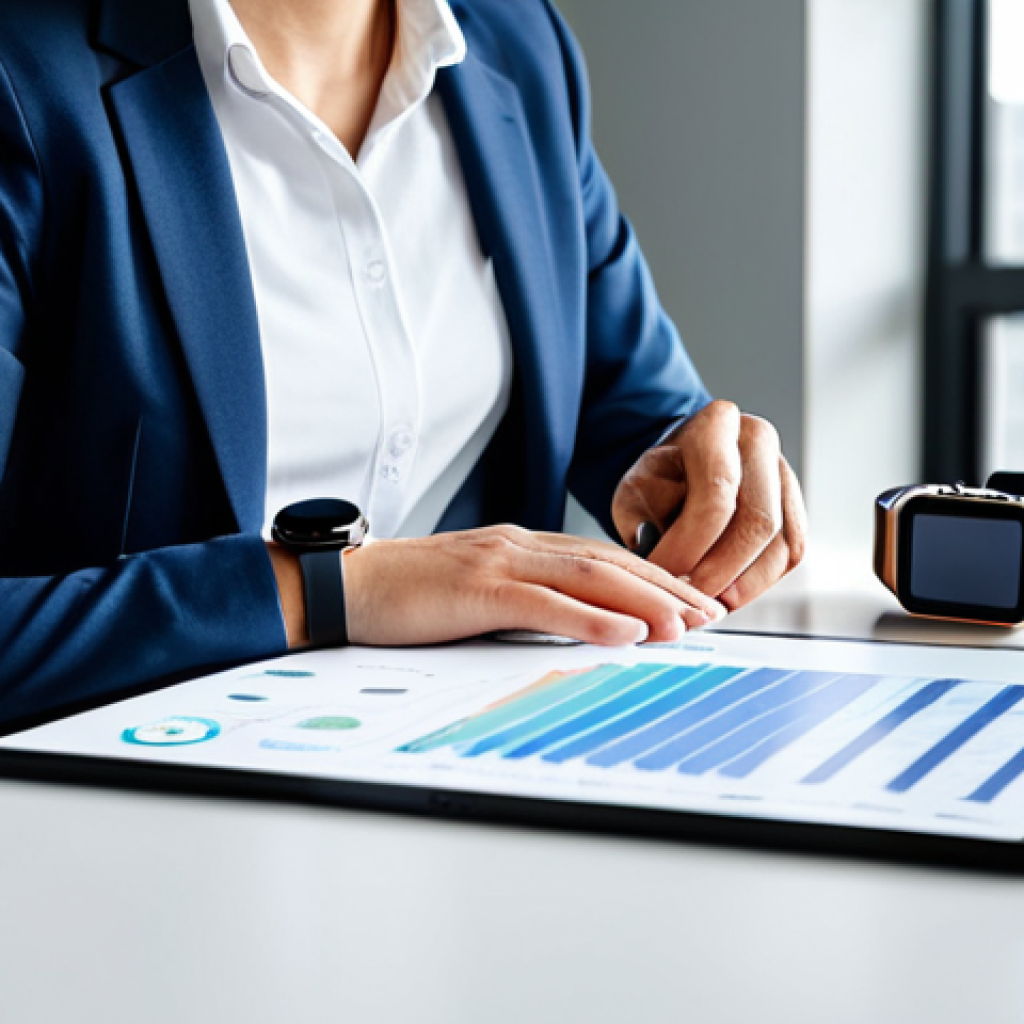 A professional individual, fully clothed in modest business casual attire, is seated at a clean desk in a modern, brightly lit wellness space. They are looking at a smartwatch on their wrist, with a smartphone displaying abstract health data graphs beside it. The person has a subtle, confident expression, conveying a sense of empowerment and control over their health. The scene is well-lit, with natural light filtering in. Perfect anatomy, correct proportions, natural pose, well-formed hands, proper finger count, natural body proportions, professional photography, high quality, safe for work, appropriate content, family-friendly.