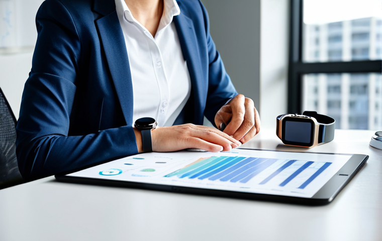 A professional individual, fully clothed in modest business casual attire, is seated at a clean desk in a modern, brightly lit wellness space. They are looking at a smartwatch on their wrist, with a smartphone displaying abstract health data graphs beside it. The person has a subtle, confident expression, conveying a sense of empowerment and control over their health. The scene is well-lit, with natural light filtering in. Perfect anatomy, correct proportions, natural pose, well-formed hands, proper finger count, natural body proportions, professional photography, high quality, safe for work, appropriate content, family-friendly.